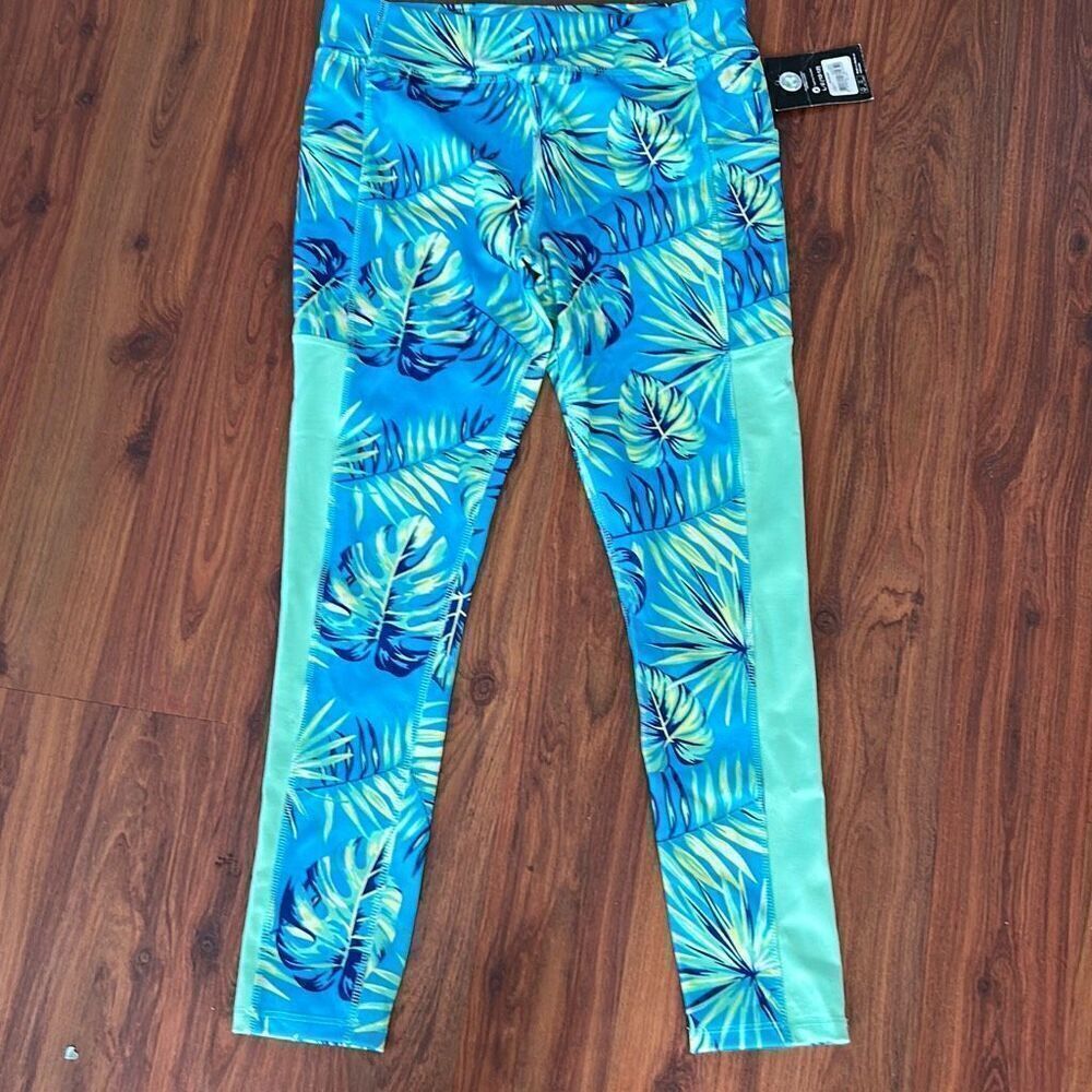 NWT Athletic works turquoise tropical leggings fitness pants kids girls size lar